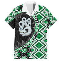 Green Taniko Motif Aotearoa Manaia and Silver Fern Family Matching Off Shoulder Maxi Dress and Hawaiian Shirt LT03 Dad's Shirt - Short Sleeve Green - Polynesian Pride