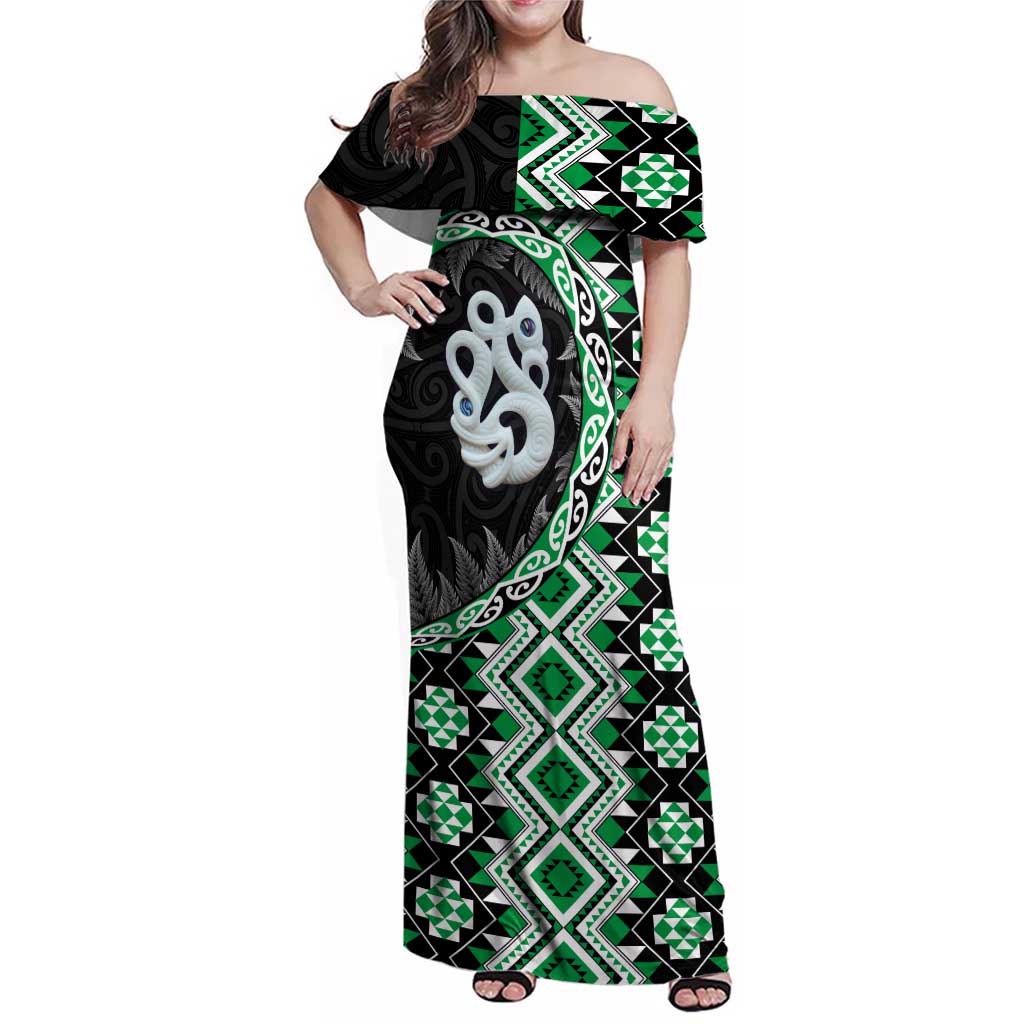 Green Taniko Motif Aotearoa Manaia and Silver Fern Family Matching Off Shoulder Maxi Dress and Hawaiian Shirt LT03 Mom's Dress Green - Polynesian Pride