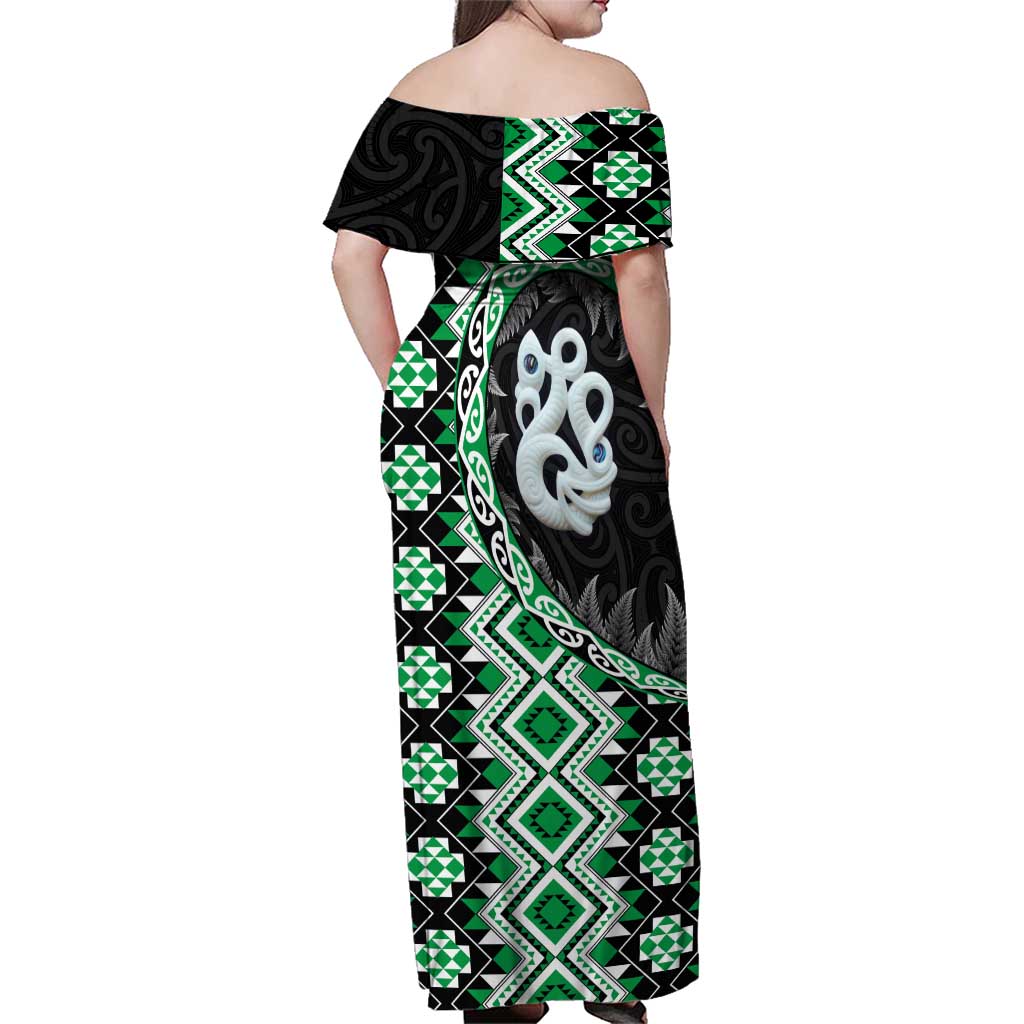 Green Taniko Motif Aotearoa Manaia and Silver Fern Family Matching Off Shoulder Maxi Dress and Hawaiian Shirt LT03 - Polynesian Pride