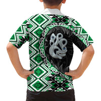 Green Taniko Motif Aotearoa Manaia and Silver Fern Family Matching Off Shoulder Short Dress and Hawaiian Shirt LT03 - Polynesian Pride