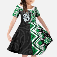 Green Taniko Motif Aotearoa Manaia and Silver Fern Family Matching Puletasi and Hawaiian Shirt LT03 Daughter's Dress Green - Polynesian Pride