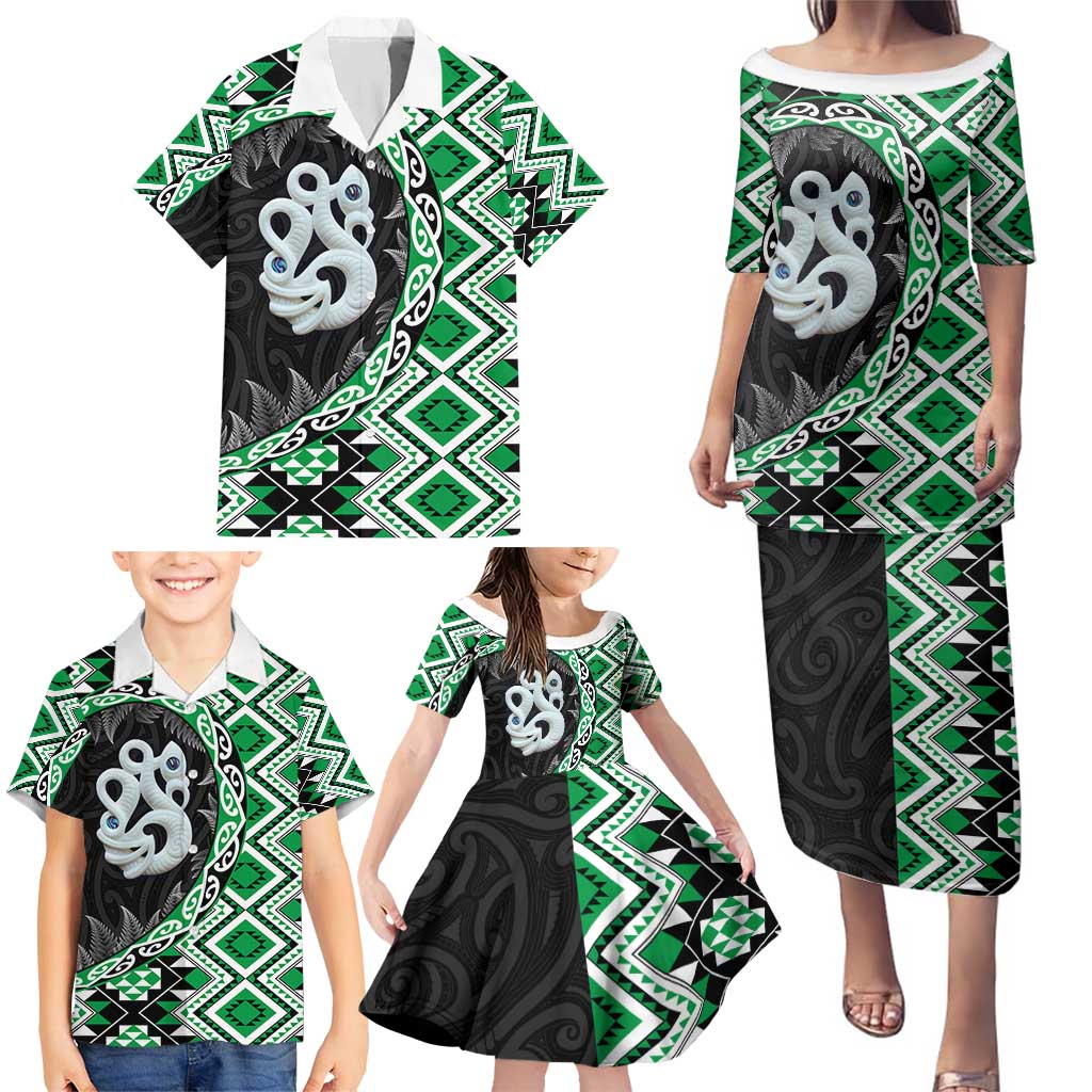 Green Taniko Motif Aotearoa Manaia and Silver Fern Family Matching Puletasi and Hawaiian Shirt LT03 - Polynesian Pride