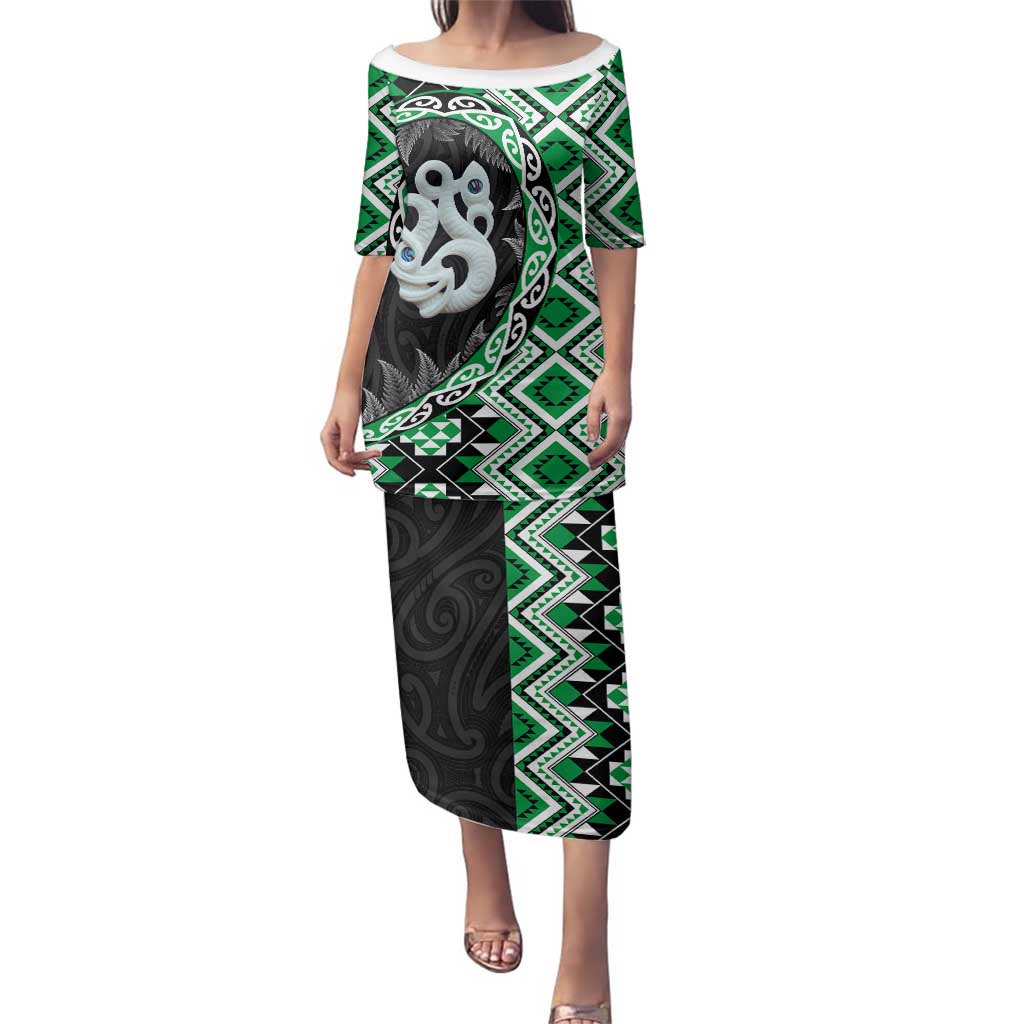 Green Taniko Motif Aotearoa Manaia and Silver Fern Family Matching Puletasi and Hawaiian Shirt LT03 Mom's Dress Green - Polynesian Pride