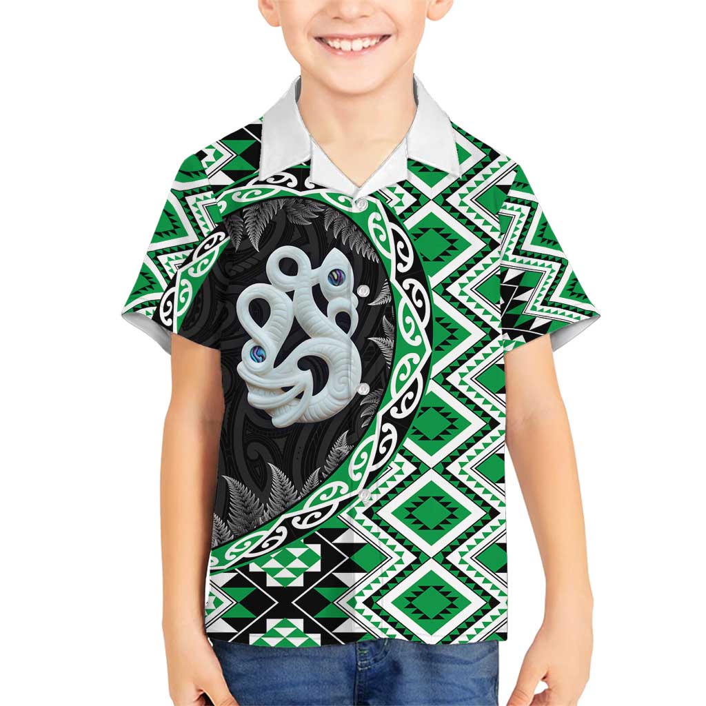 Green Taniko Motif Aotearoa Manaia and Silver Fern Family Matching Puletasi and Hawaiian Shirt LT03 Son's Shirt Green - Polynesian Pride