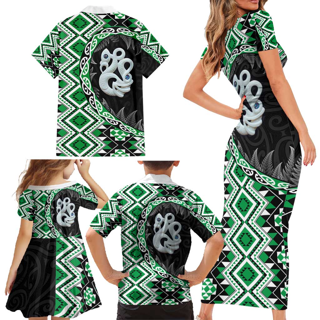 Green Taniko Motif Aotearoa Manaia and Silver Fern Family Matching Short Sleeve Bodycon Dress and Hawaiian Shirt LT03 - Polynesian Pride