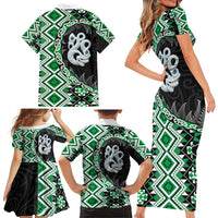 Green Taniko Motif Aotearoa Manaia and Silver Fern Family Matching Short Sleeve Bodycon Dress and Hawaiian Shirt LT03 - Polynesian Pride