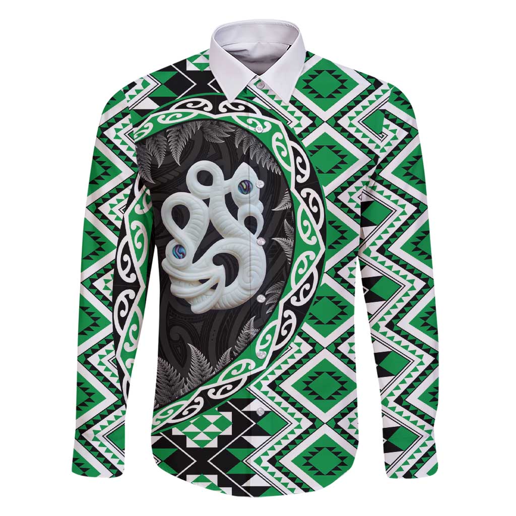 Green Taniko Motif Aotearoa Manaia and Silver Fern Family Matching Short Sleeve Bodycon Dress and Hawaiian Shirt LT03 Dad's Shirt - Long Sleeve Green - Polynesian Pride