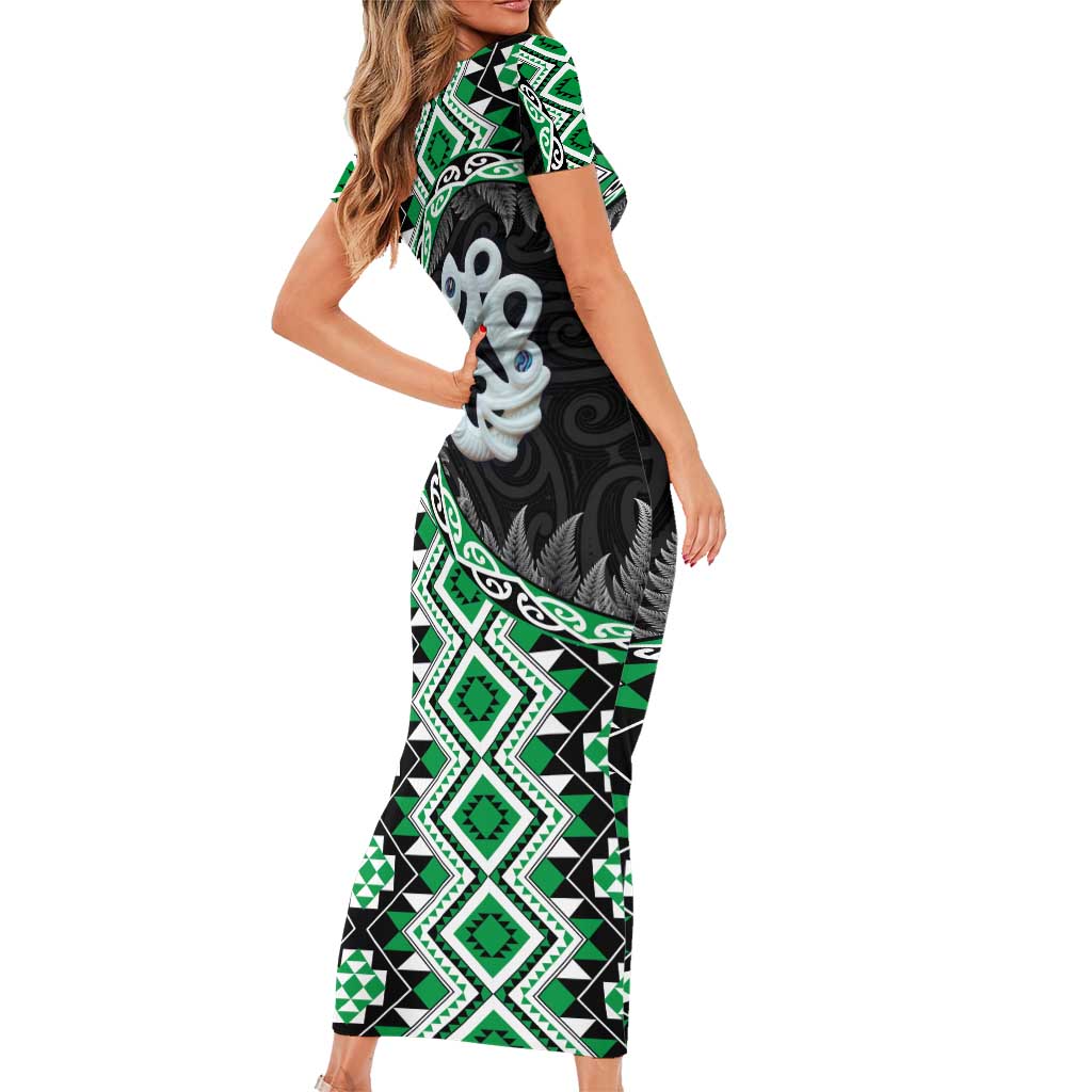 Green Taniko Motif Aotearoa Manaia and Silver Fern Family Matching Short Sleeve Bodycon Dress and Hawaiian Shirt LT03 - Polynesian Pride