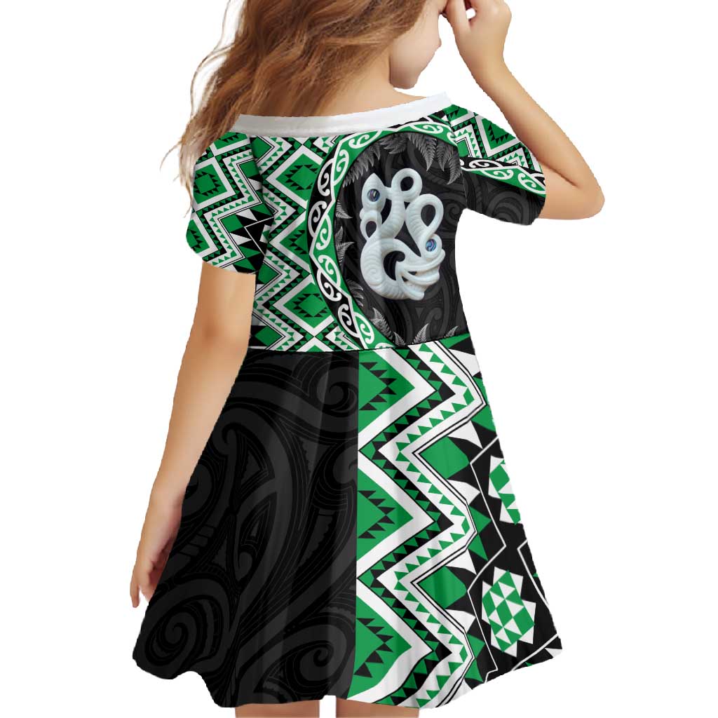 Green Taniko Motif Aotearoa Manaia and Silver Fern Family Matching Summer Maxi Dress and Hawaiian Shirt LT03 - Polynesian Pride