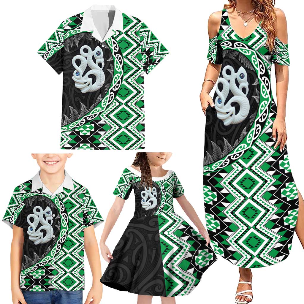 Green Taniko Motif Aotearoa Manaia and Silver Fern Family Matching Summer Maxi Dress and Hawaiian Shirt LT03 - Polynesian Pride
