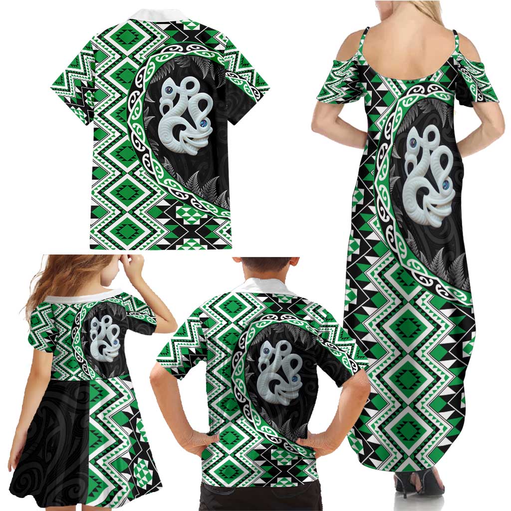 Green Taniko Motif Aotearoa Manaia and Silver Fern Family Matching Summer Maxi Dress and Hawaiian Shirt LT03 - Polynesian Pride