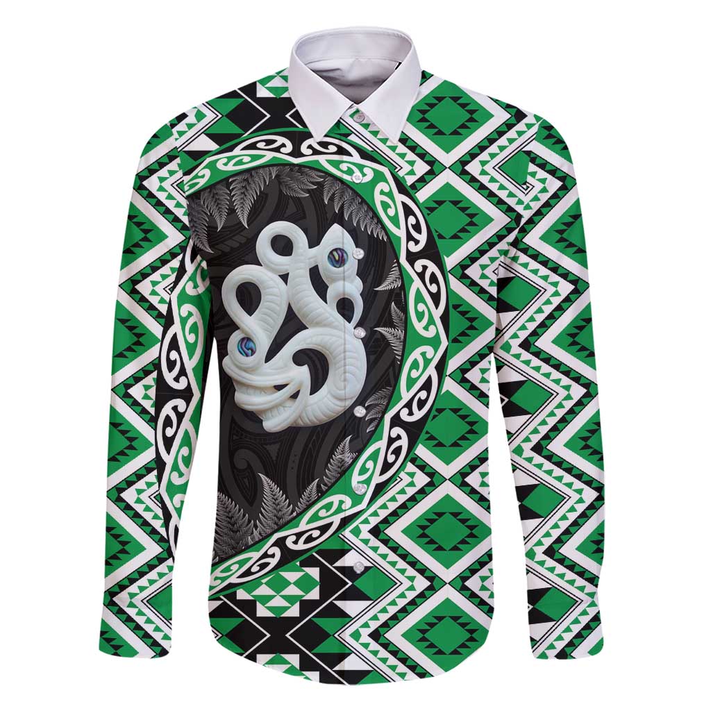 Green Taniko Motif Aotearoa Manaia and Silver Fern Family Matching Summer Maxi Dress and Hawaiian Shirt LT03 Dad's Shirt - Long Sleeve Green - Polynesian Pride