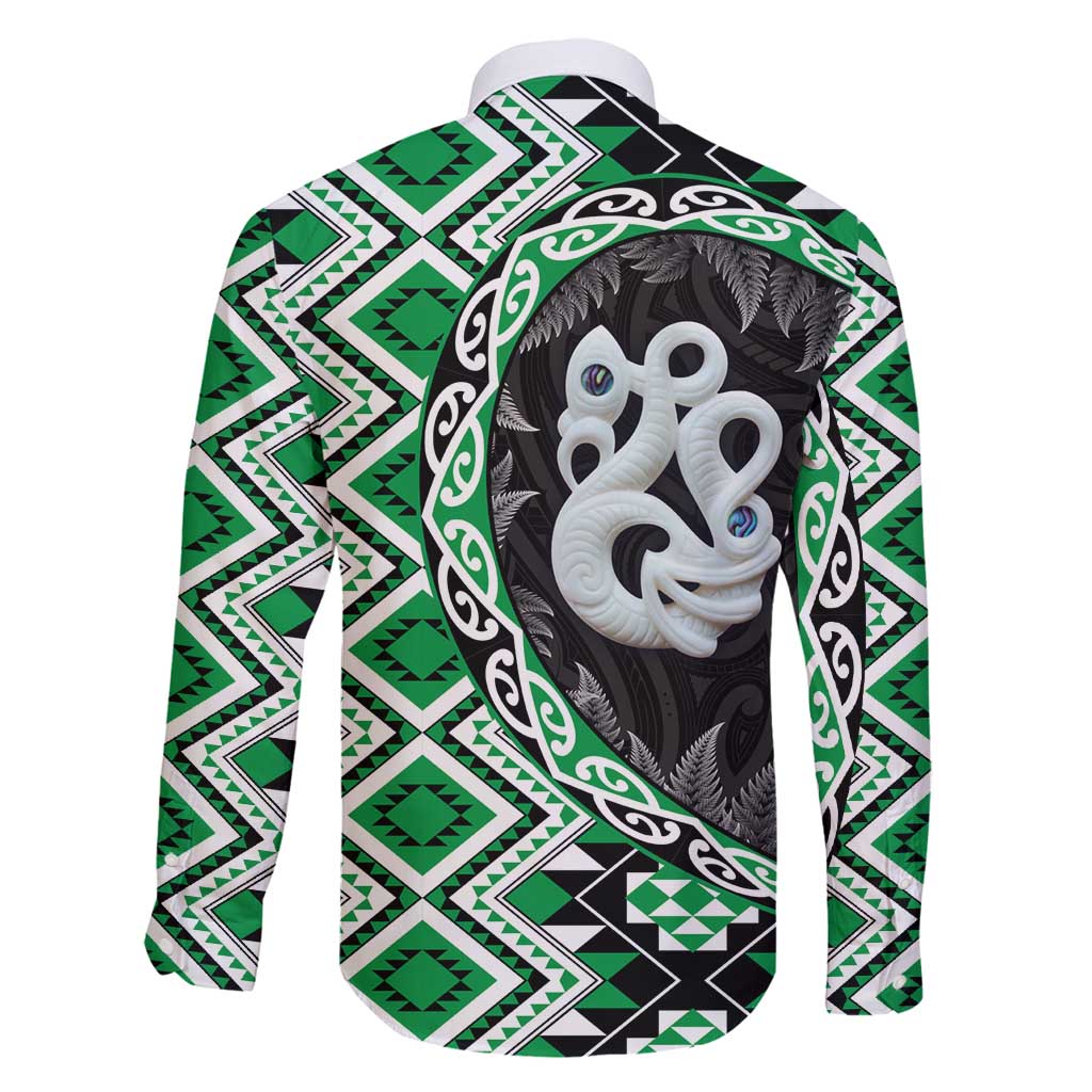 Green Taniko Motif Aotearoa Manaia and Silver Fern Family Matching Summer Maxi Dress and Hawaiian Shirt LT03 - Polynesian Pride