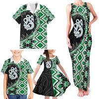 Green Taniko Motif Aotearoa Manaia and Silver Fern Family Matching Tank Maxi Dress and Hawaiian Shirt LT03 - Polynesian Pride
