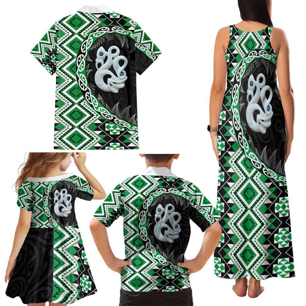 Green Taniko Motif Aotearoa Manaia and Silver Fern Family Matching Tank Maxi Dress and Hawaiian Shirt LT03 - Polynesian Pride
