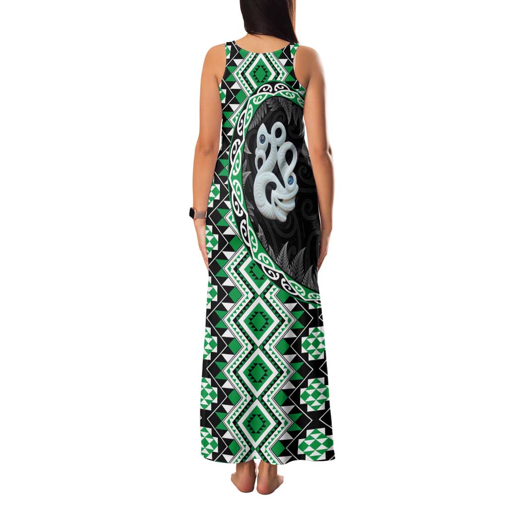 Green Taniko Motif Aotearoa Manaia and Silver Fern Family Matching Tank Maxi Dress and Hawaiian Shirt LT03 - Polynesian Pride