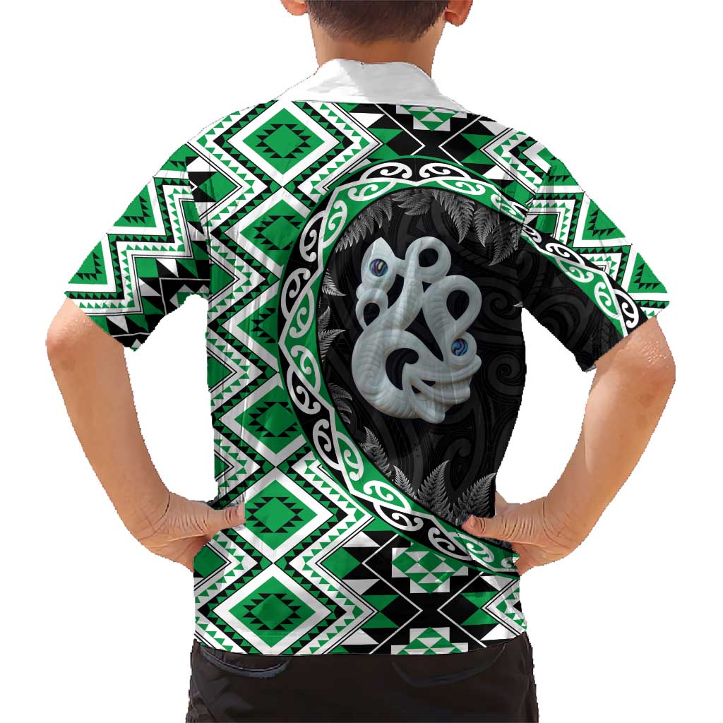 Green Taniko Motif Aotearoa Manaia and Silver Fern Kid Hawaiian Shirt