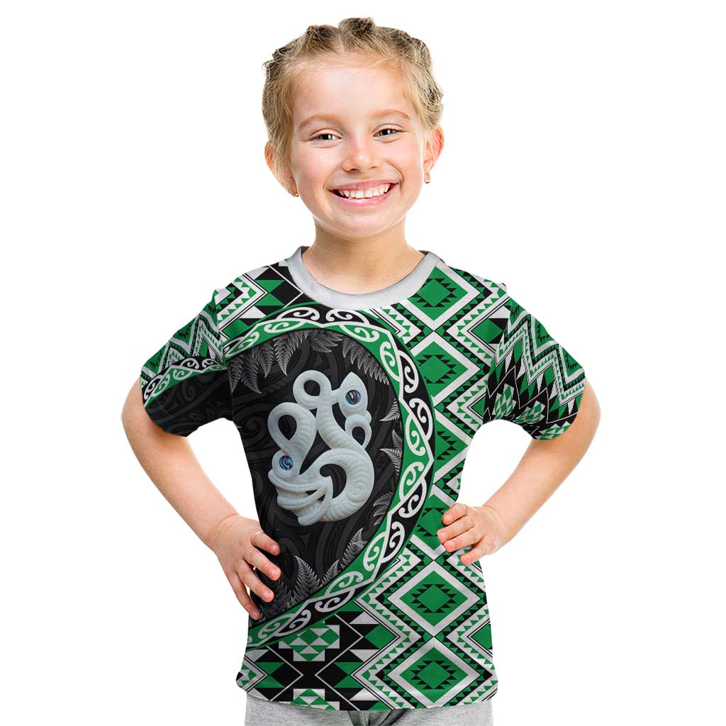 Green Taniko Motif Aotearoa Manaia and Silver Fern Kid T Shirt