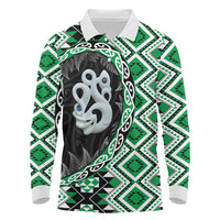 Green Taniko Motif Aotearoa Manaia and Silver Fern Long Sleeve Polo Shirt