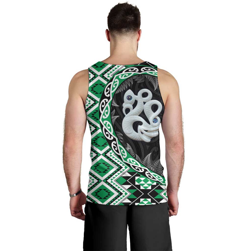 Green Taniko Motif Aotearoa Manaia and Silver Fern Men Tank Top