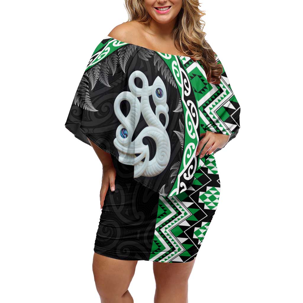 Green Taniko Motif Aotearoa Manaia and Silver Fern Off Shoulder Short Dress