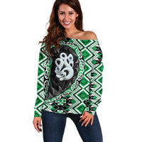 Green Taniko Motif Aotearoa Manaia and Silver Fern Off Shoulder Sweater LT03 Women Green - Polynesian Pride