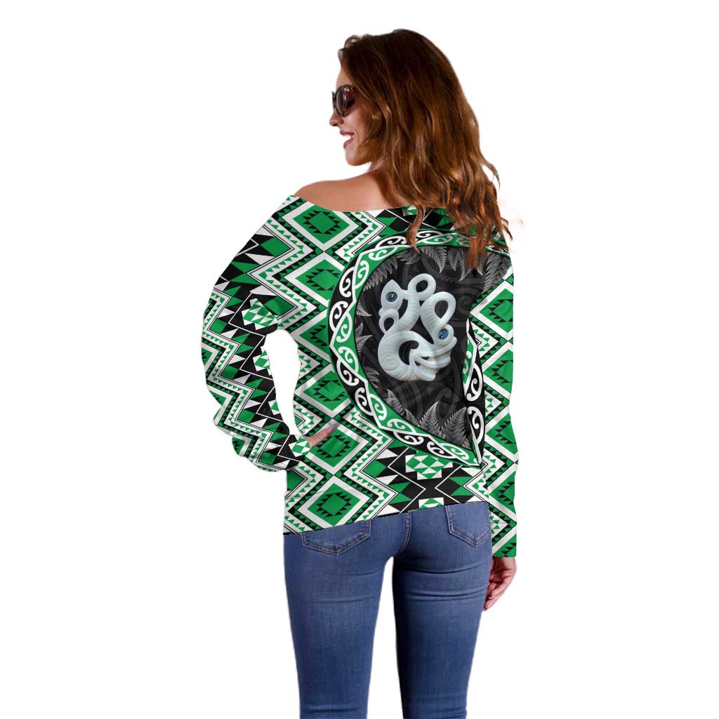 Green Taniko Motif Aotearoa Manaia and Silver Fern Off Shoulder Sweater LT03 - Polynesian Pride