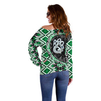 Green Taniko Motif Aotearoa Manaia and Silver Fern Off Shoulder Sweater LT03 - Polynesian Pride