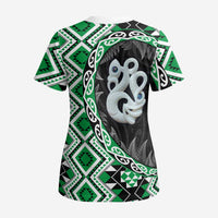 Green Taniko Motif Aotearoa Manaia and Silver Fern Scrub Top - Polynesian Pride