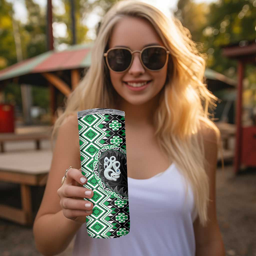 Green Taniko Motif Aotearoa Manaia and Silver Fern Skinny Tumbler