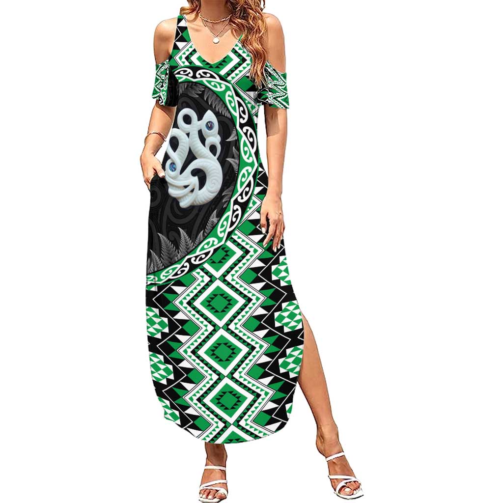 Green Taniko Motif Aotearoa Manaia and Silver Fern Summer Maxi Dress