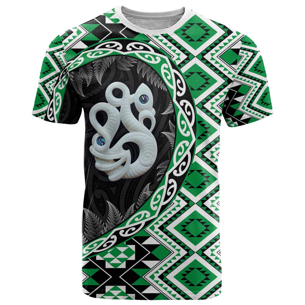 Green Taniko Motif Aotearoa Manaia and Silver Fern T Shirt