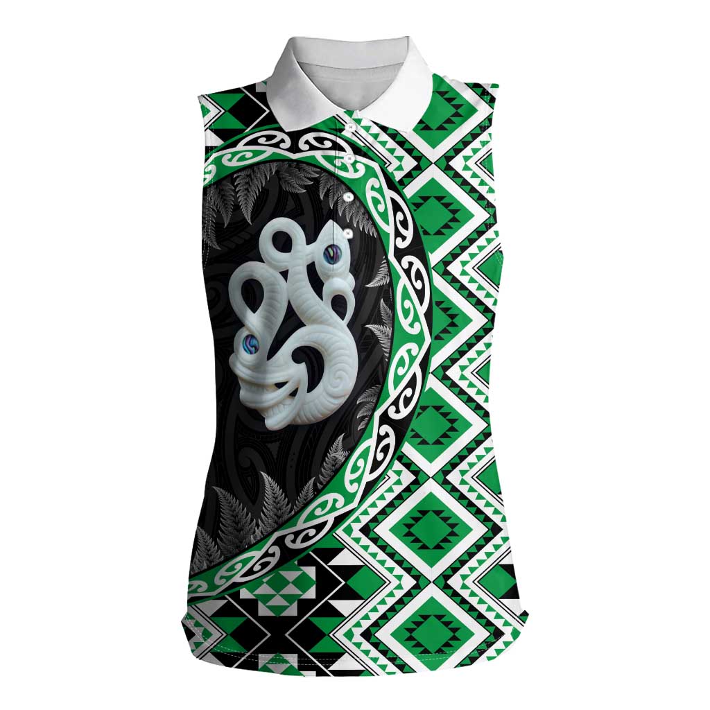 Green Taniko Motif Aotearoa Manaia and Silver Fern Women Sleeveless Polo Shirt