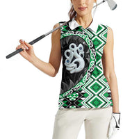 Green Taniko Motif Aotearoa Manaia and Silver Fern Women Sleeveless Polo Shirt