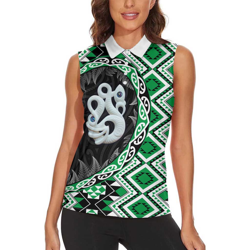 Green Taniko Motif Aotearoa Manaia and Silver Fern Women Sleeveless Polo Shirt