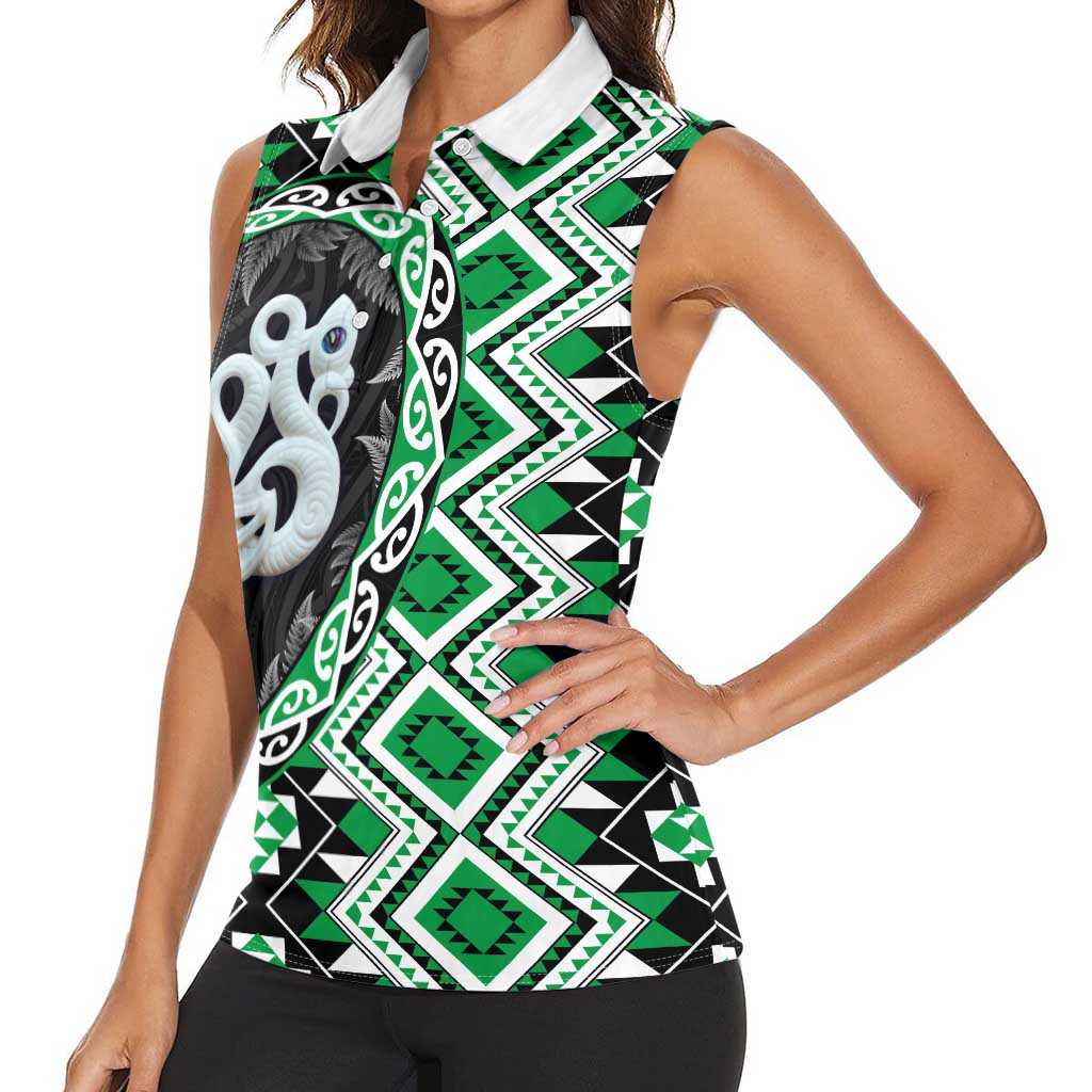 Green Taniko Motif Aotearoa Manaia and Silver Fern Women Sleeveless Polo Shirt
