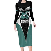 Custom New Zealand Bicycle 2025 Family Matching Long Sleeve Bodycon Dress and Hawaiian Shirt LT03 Mom's Dress Black-Teal - Polynesian Pride