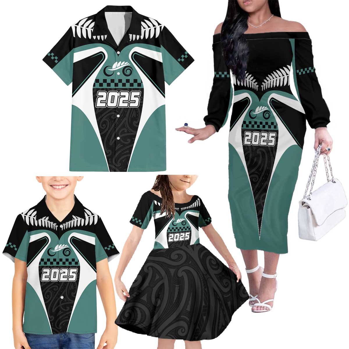 Custom New Zealand Bicycle 2025 Family Matching Off The Shoulder Long Sleeve Dress and Hawaiian Shirt LT03 - Polynesian Pride