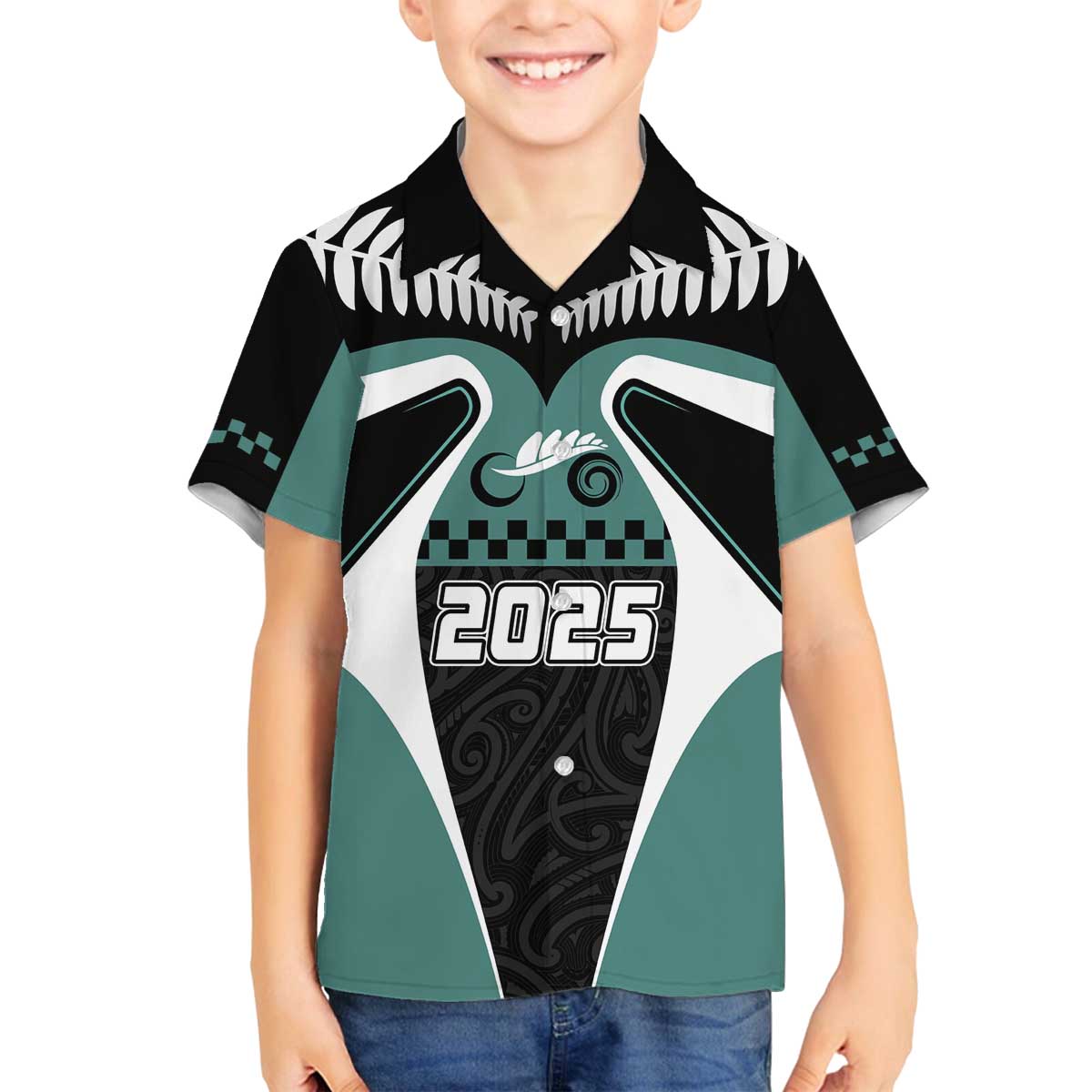 Custom New Zealand Bicycle 2025 Family Matching Off The Shoulder Long Sleeve Dress and Hawaiian Shirt LT03 Son's Shirt Black-Teal - Polynesian Pride