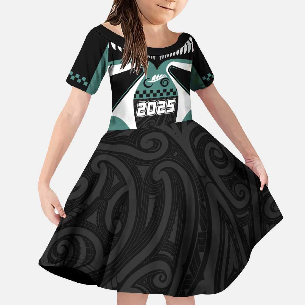 Custom New Zealand Bicycle 2025 Family Matching Off Shoulder Maxi Dress and Hawaiian Shirt LT03 Daughter's Dress Black-Teal - Polynesian Pride
