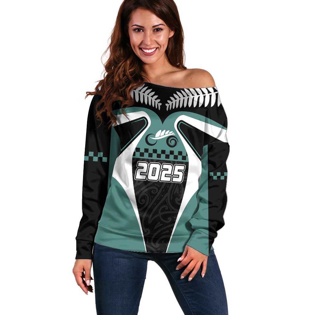 Custom New Zealand Bicycle 2025 Off Shoulder Sweater LT03 Women Black-Teal - Polynesian Pride