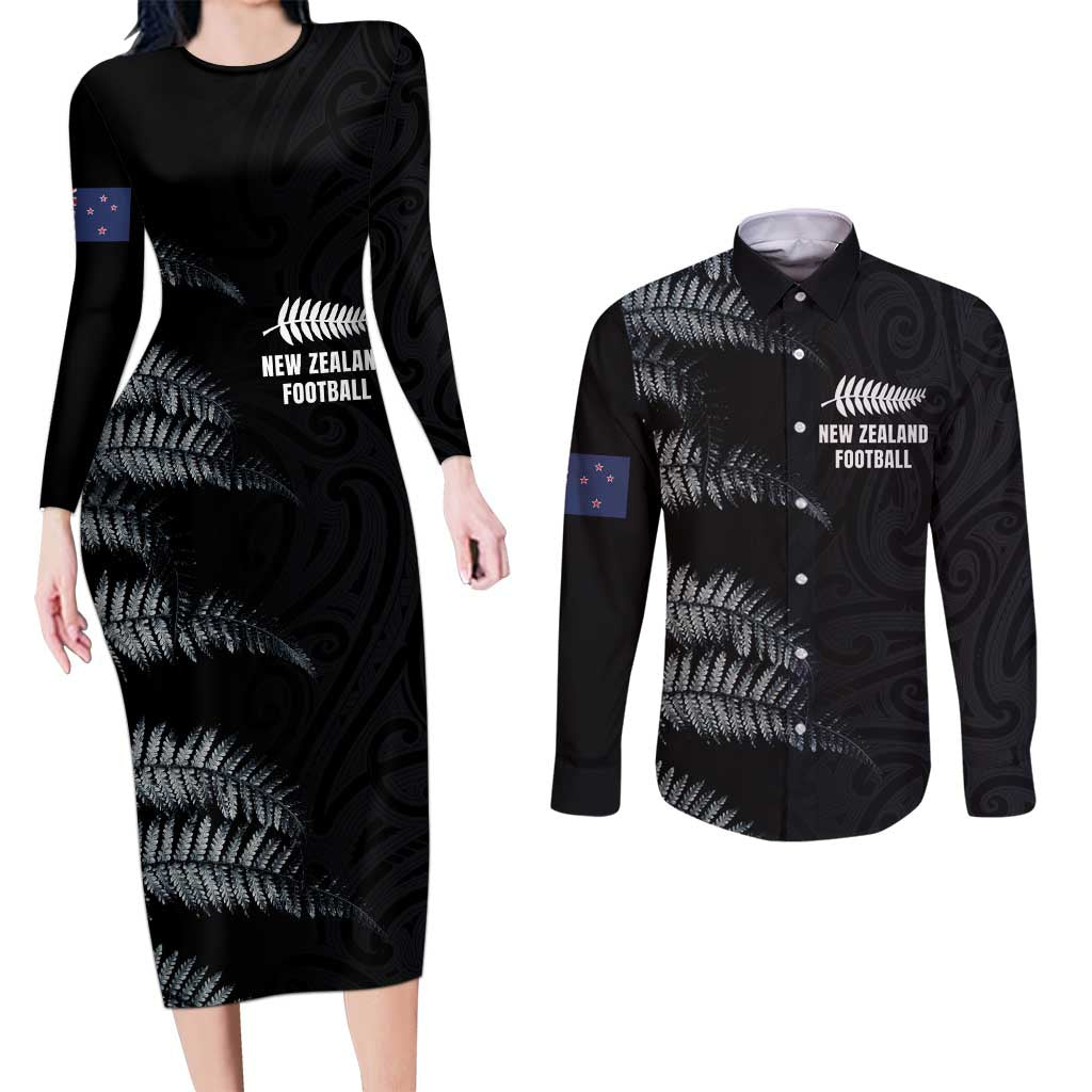Custom New Zealand Football-Towards World Cup 2026 Couples Matching Long Sleeve Bodycon Dress and Long Sleeve Button Shirt LT03 Black - Polynesian Pride