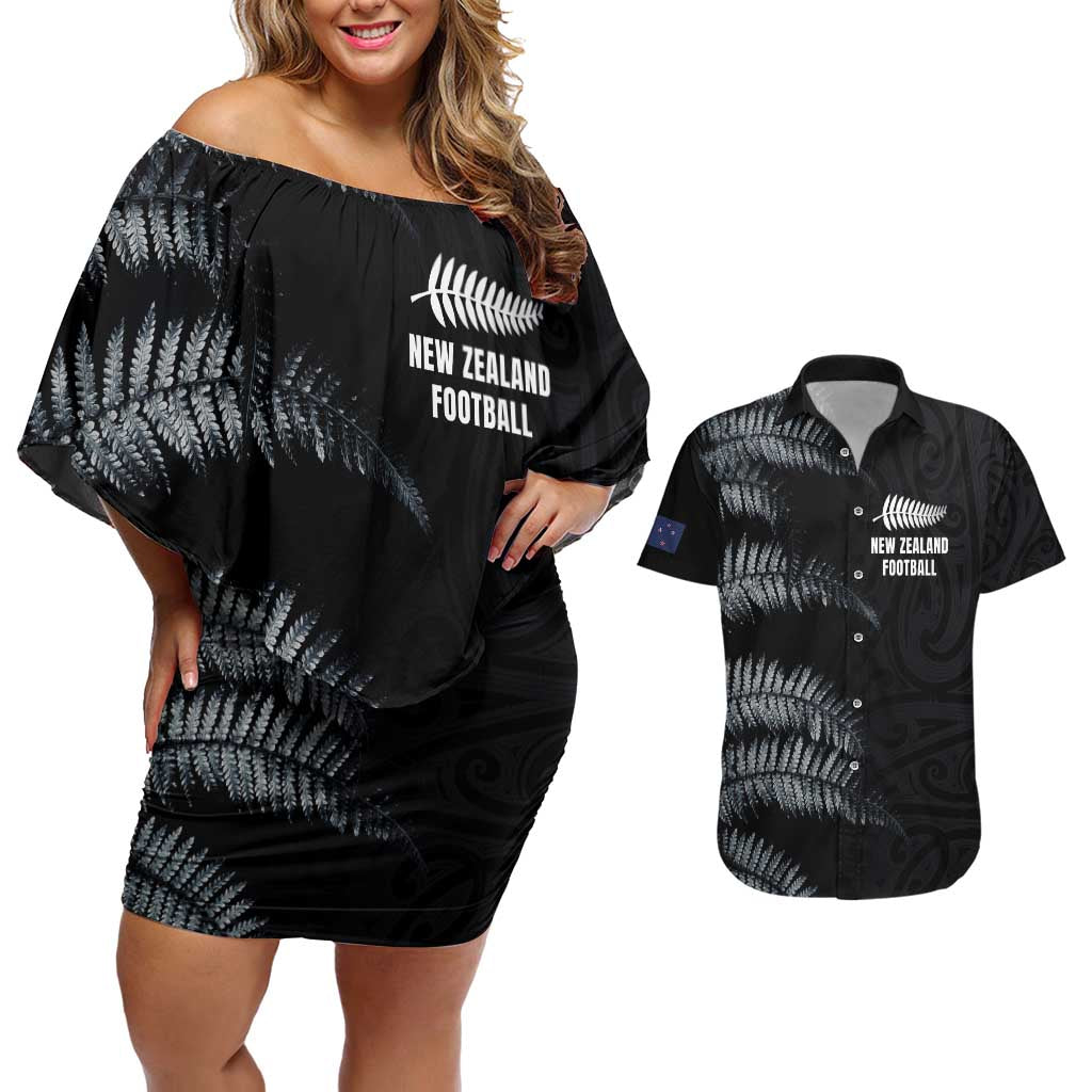 Custom New Zealand Football-Towards World Cup 2026 Couples Matching Off Shoulder Short Dress and Hawaiian Shirt LT03 Black - Polynesian Pride