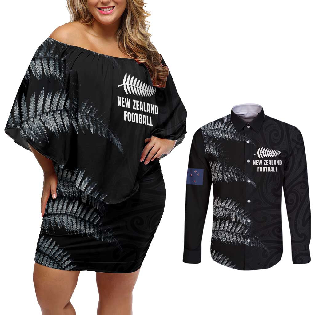 Custom New Zealand Football-Towards World Cup 2026 Couples Matching Off Shoulder Short Dress and Long Sleeve Button Shirt LT03 Black - Polynesian Pride