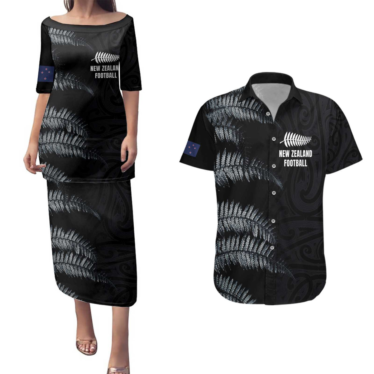 Custom New Zealand Football-Towards World Cup 2026 Couples Matching Puletasi and Hawaiian Shirt LT03 Black - Polynesian Pride