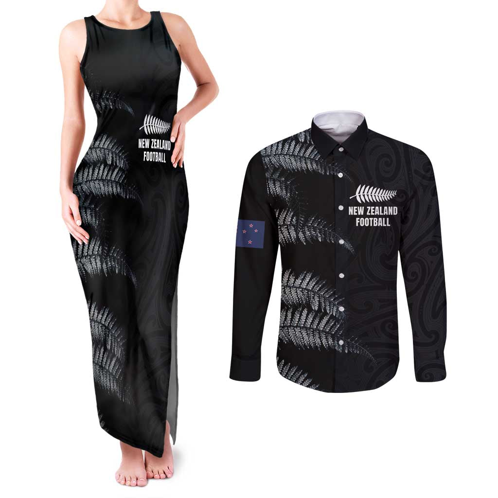 Custom New Zealand Football-Towards World Cup 2026 Couples Matching Tank Maxi Dress and Long Sleeve Button Shirt LT03 Black - Polynesian Pride