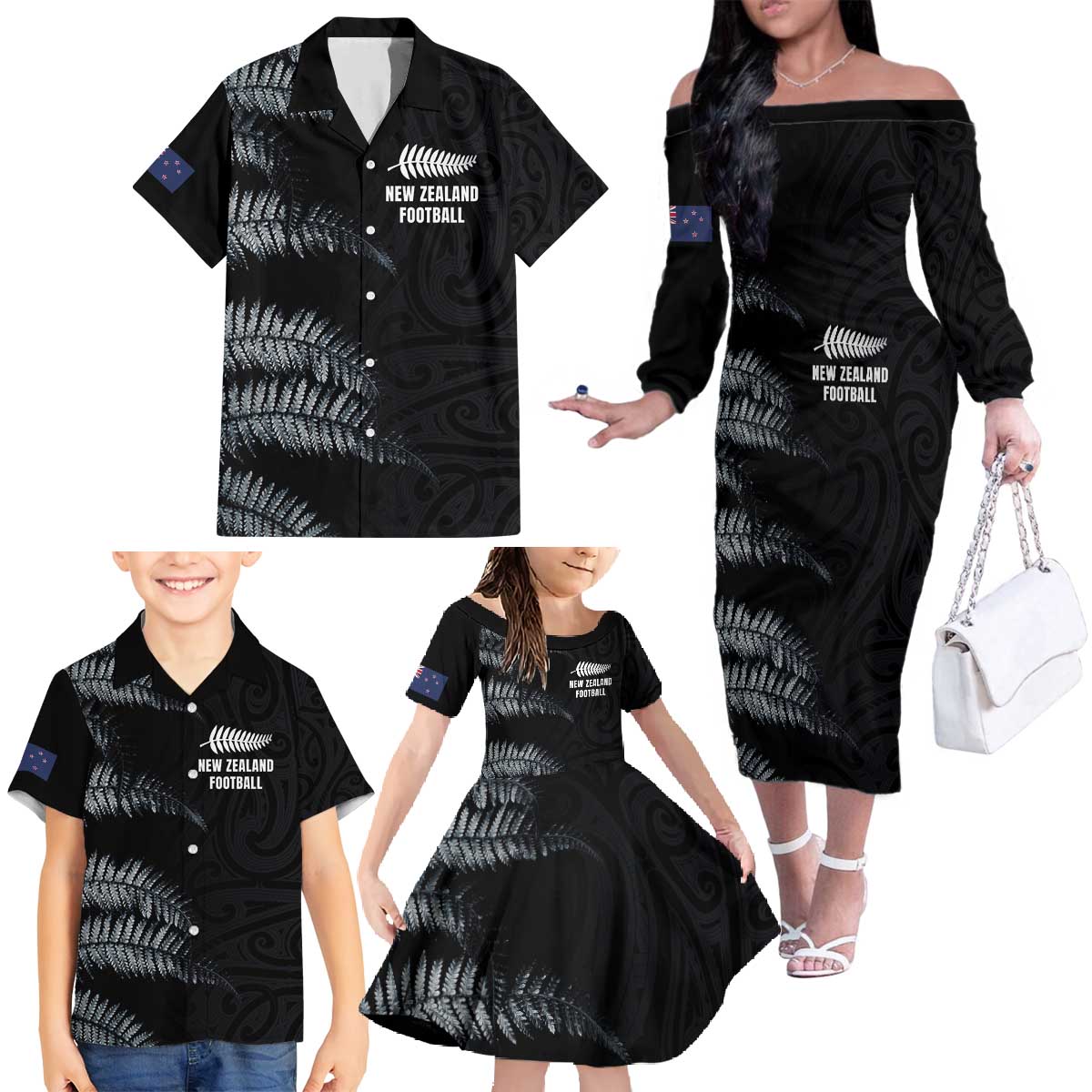 Custom New Zealand Football-Towards World Cup 2026 Family Matching Off The Shoulder Long Sleeve Dress and Hawaiian Shirt LT03 - Polynesian Pride