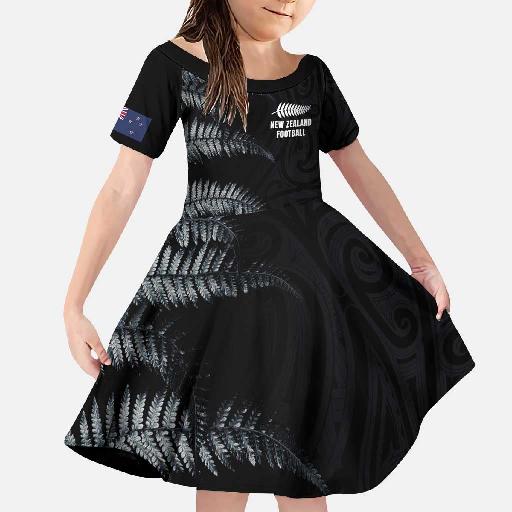 Custom New Zealand Football-Towards World Cup 2026 Family Matching Short Sleeve Bodycon Dress and Hawaiian Shirt LT03 Daughter's Dress Black - Polynesian Pride