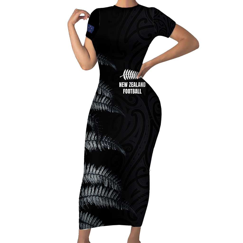 Custom New Zealand Football-Towards World Cup 2026 Family Matching Short Sleeve Bodycon Dress and Hawaiian Shirt LT03 Mom's Dress Black - Polynesian Pride