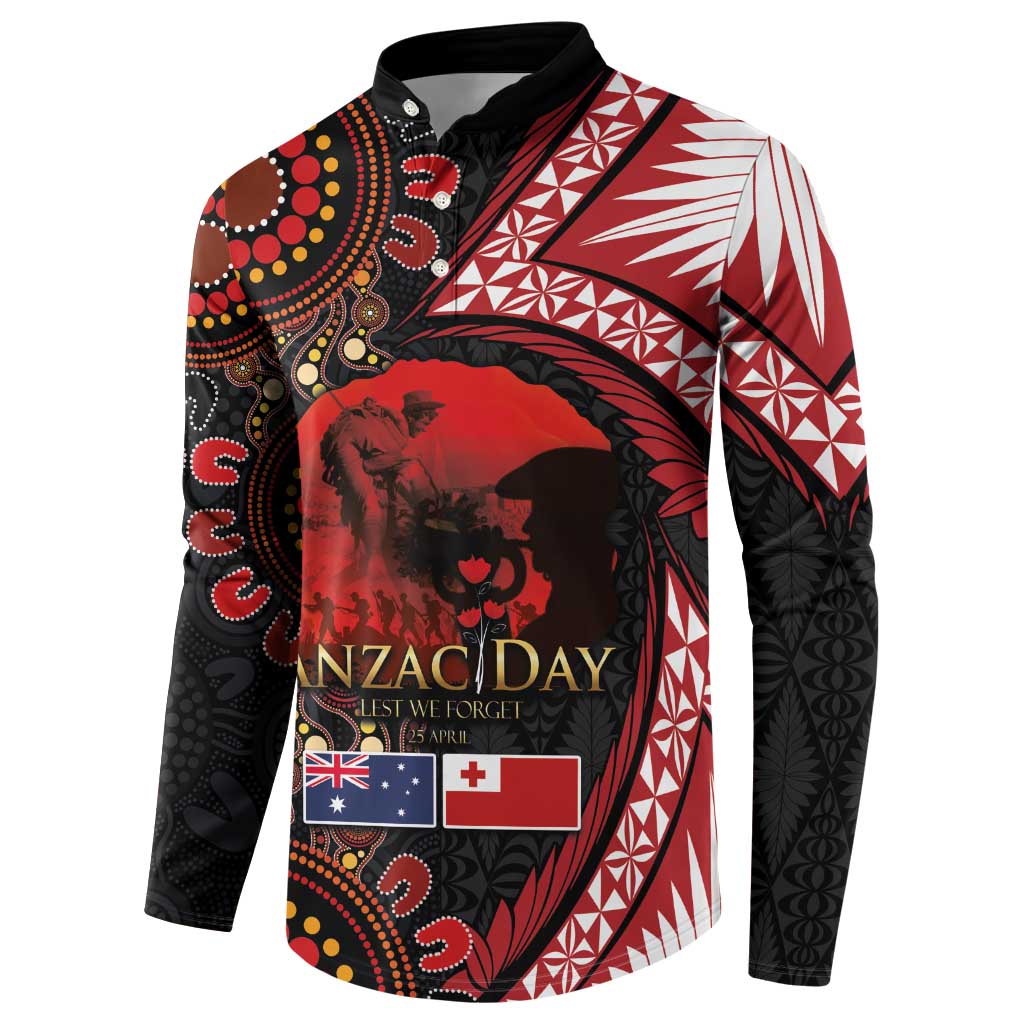 Tonga and Australia ANZAC Day Button Sweatshirt Aboriginal and Ngatu Art Pattern - Gallipoli Lest We Forget